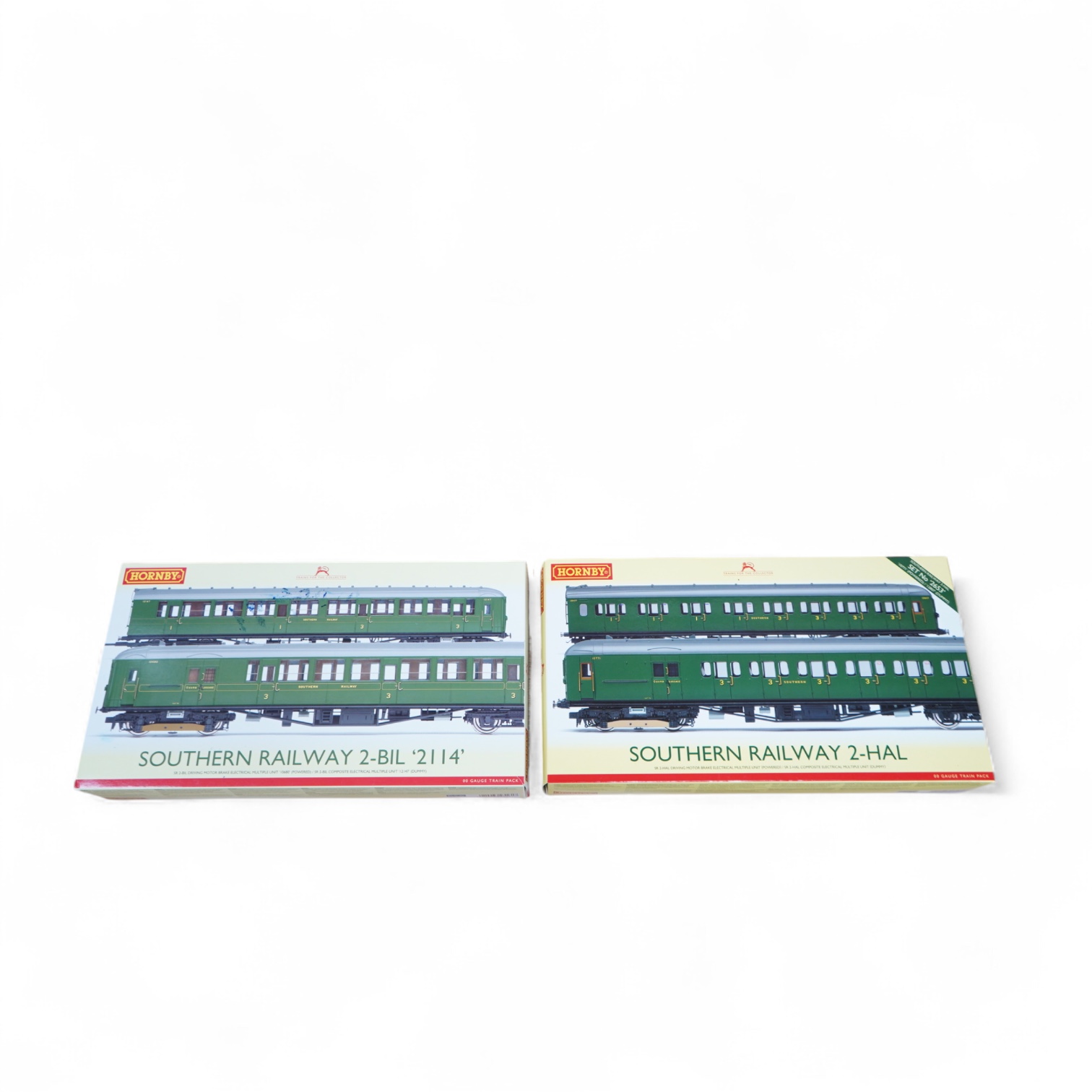 Two boxed Hornby Hobbies 00 gauge railway 2-car Southern Railway EMU train packs; a 2-BIL ‘2114’ together with a 2-HAL set